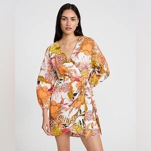 Express Floral Linen-Blend V-Neck Long Sleeve Tie Wrap Mini Sheath Dress size L